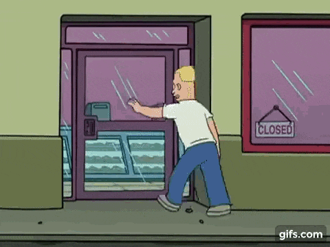 a cartoon of a man walking into a store with a closed sign on the door .