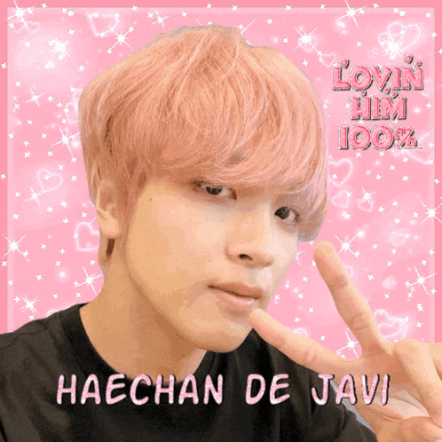 a picture of haechan de javi with pink hair and a pink background