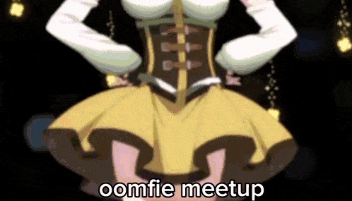 a cartoon of a woman in a yellow dress with the words " oomfie meetup " written below her