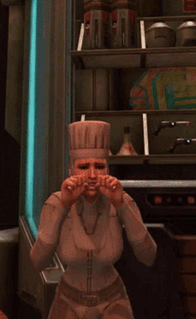 a woman in a chef 's hat stands in front of a shelf