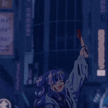 a drawing of a girl with blue hair holding a knife