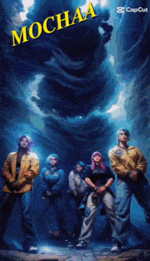 a group of people standing in front of a blue background with the word mochaa written on it