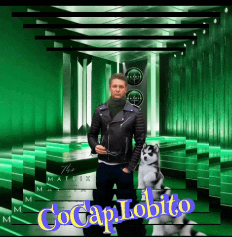 a man in a leather jacket stands next to a husky dog with the name cocap lobito written in yellow letters