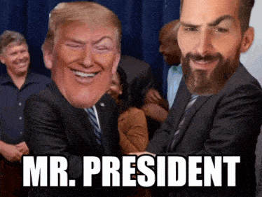 a man with a beard is shaking hands with a donald trump mask