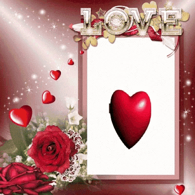a picture frame with roses and hearts and the word love