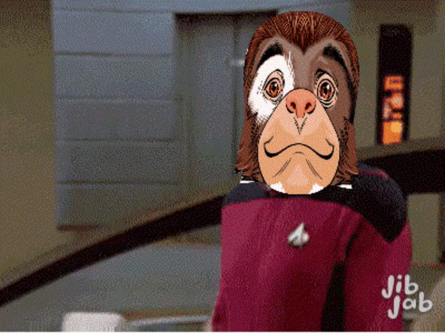 a cartoon of a monkey wearing a red jacket with an a on it
