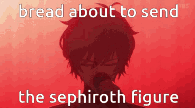 a picture of a boy singing into a microphone with the words bread about to send the sephiroth figure below him
