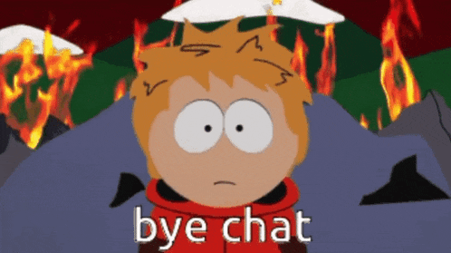 a cartoon character says bye chat in front of a mountain of fire