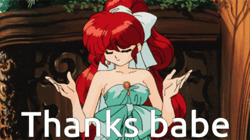a girl with red hair is standing in front of a sign that says " thanks babe "
