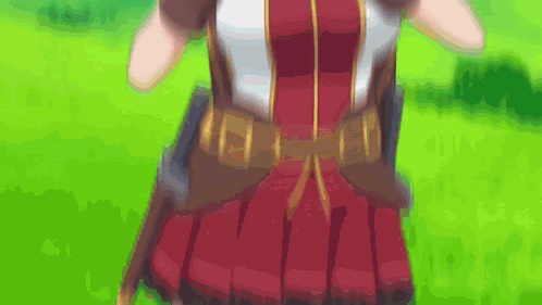 a woman in a red and white dress is standing in a field