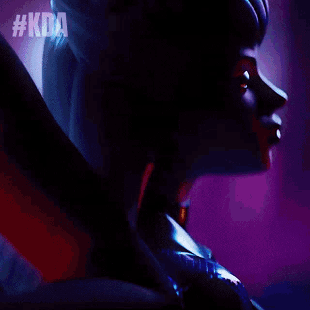 a close up of a woman 's face with #kda written on the bottom right
