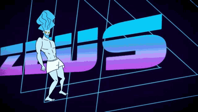 a cartoon of a man standing in front of a sign that says zeus