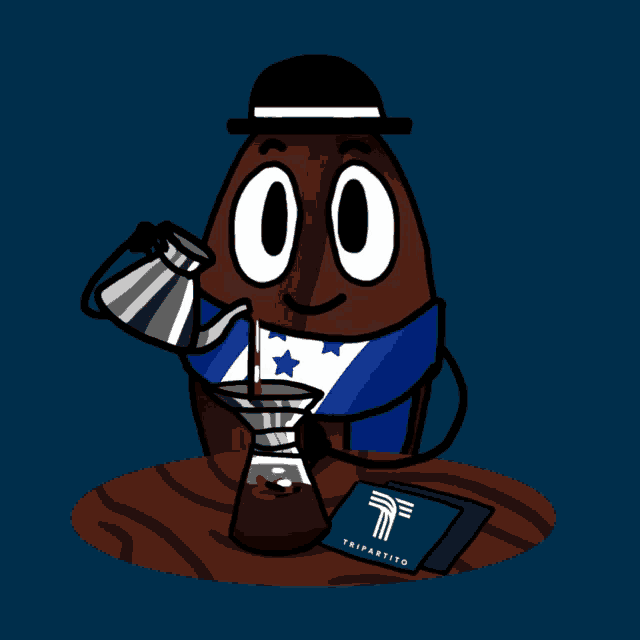 a cartoon drawing of a coffee bean pouring coffee into a filter