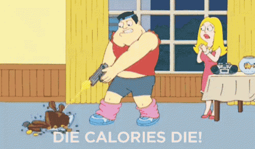 a cartoon of a man holding a gun with the words die calories die on the bottom