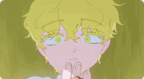 a drawing of a boy with yellow hair covering his mouth with his fingers