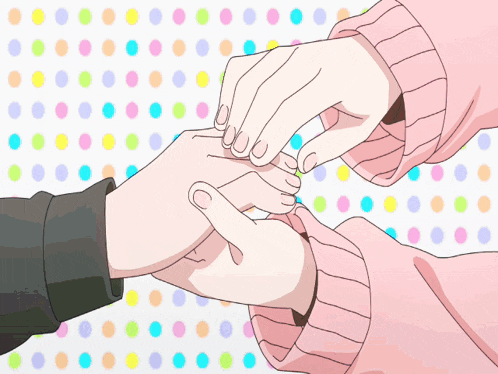 a girl with purple hair and a girl with pink hair are standing next to each other on a polka dot background