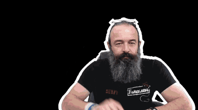a man with a beard wearing a black shirt that says fisherman