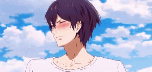 a boy with purple hair and a white shirt is making a funny face .