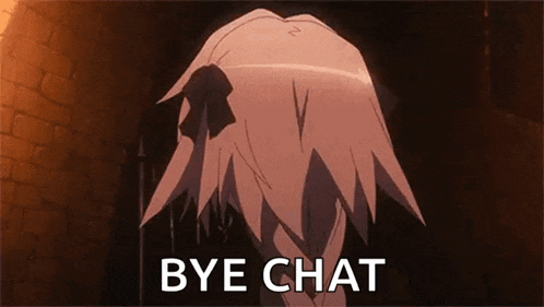 a cartoon character is standing in front of a brick wall with the words `` bye chat '' written on it .