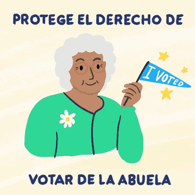 an illustration of an elderly woman holding a i voted flag