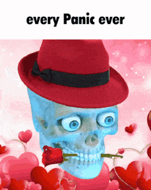 a cartoon skull wearing a red hat and holding a rose
