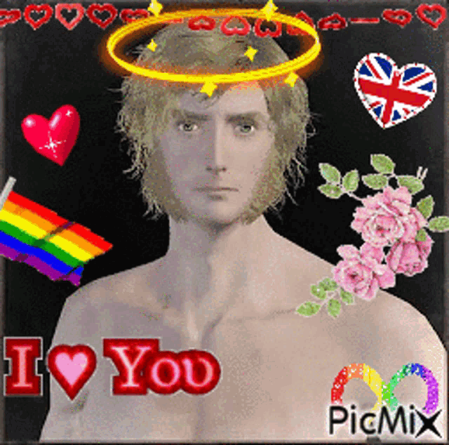 a picture of a shirtless man with a halo on his head and the words i love you on the bottom