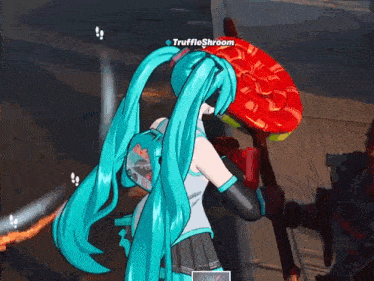 a girl with long blue hair is standing next to a red lollipop with the name truffleshroom written on it