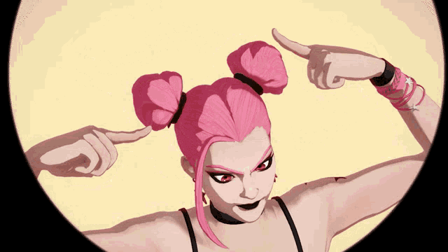 a woman with pink hair is pointing to her head
