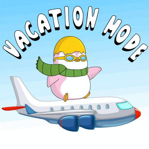 a cartoon of a penguin flying on top of an airplane with the words " vacation mode " below it