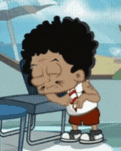 a cartoon character with curly hair is sitting on a chair