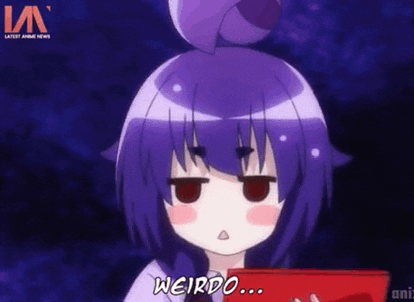 a cartoon girl with purple hair says weirdo