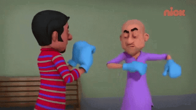 a cartoon of two men wearing blue boxing gloves with the nick logo in the background