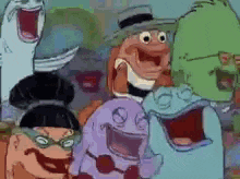 a group of cartoon characters are standing next to each other with their mouths open and laughing .