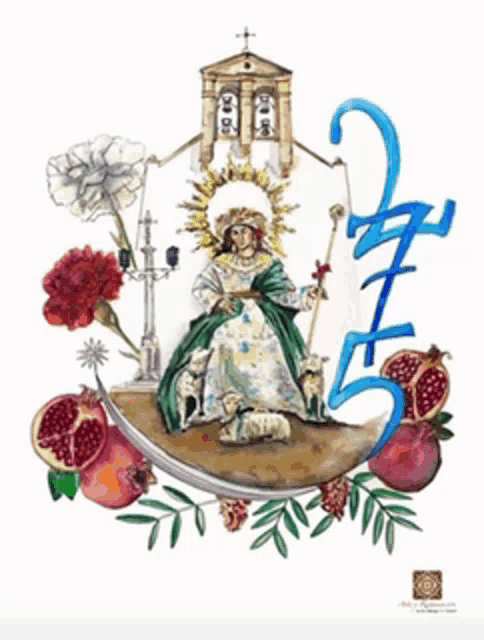 a painting of a woman surrounded by flowers and fruit with the number 5 in blue