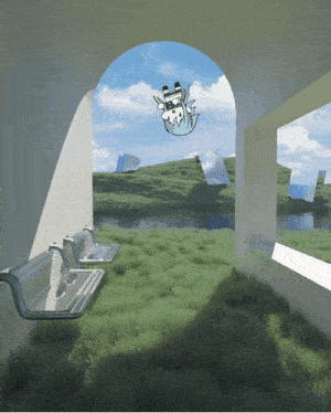 a drawing of a person flying through a window with a blue sky in the background