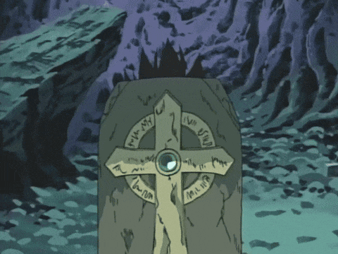a cartoon drawing of a stone with a cross on it and a circle around it that says ' a '