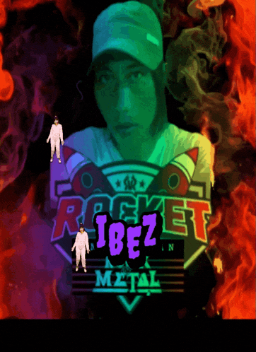 a rocket metal poster with a man in a hat