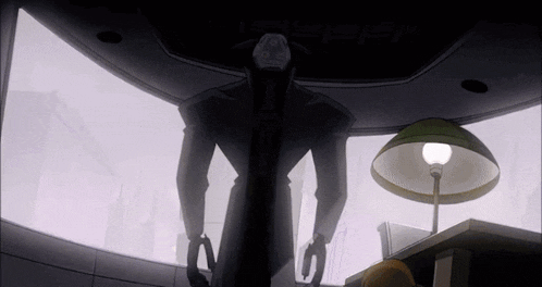 a cartoon character stands in front of a lamp