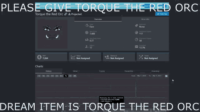 a screenshot of a game with the words " please give torque the red orc " above it