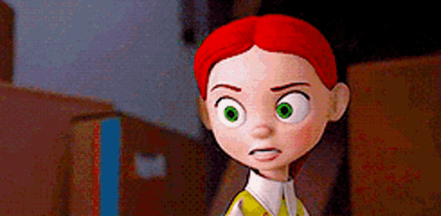a cartoon girl with red hair and green eyes is standing in front of boxes .