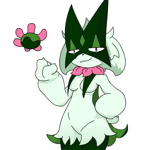 a cartoon drawing of a green and white animal with a pink bow tie