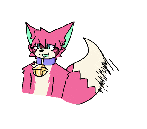 a drawing of a pink fox with a bell around his neck .