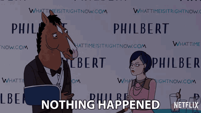 a cartoon of a horse and a woman with nothing happened written on the bottom