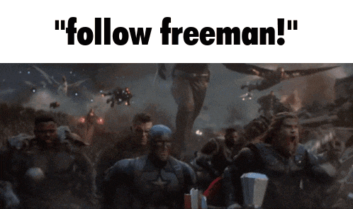 a group of avengers are standing in a crowd with the words " follow freeman " on the bottom