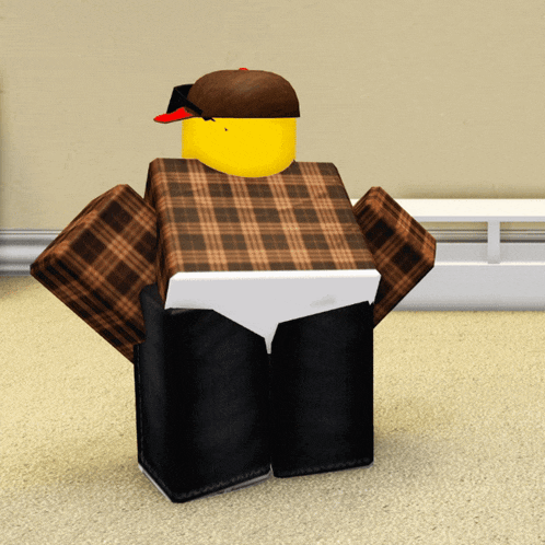 a yellow roblox character wearing a plaid shirt and a hat