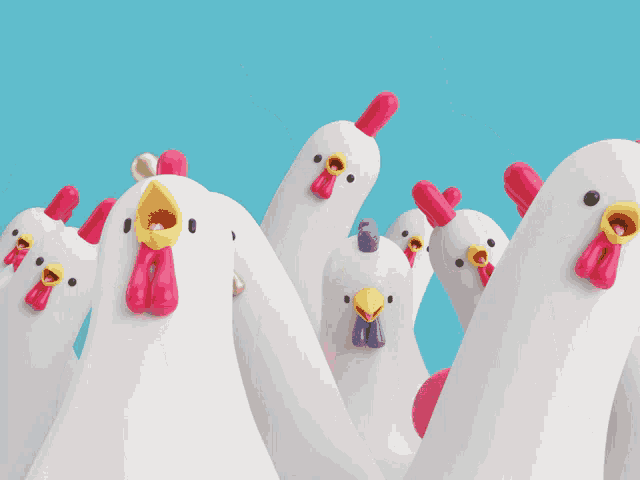 a bunch of white chickens with red beaks and yellow beaks on a blue background
