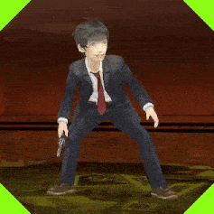 a man in a suit and tie is holding a gun in his right hand