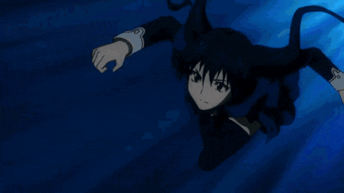 a girl in a black outfit is flying through the air