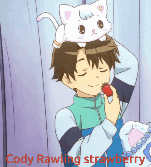a boy with a cat on his head is eating a strawberry and the words cody rawling strawberry are above him