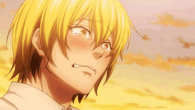 a close up of a yellow haired anime character with his mouth open